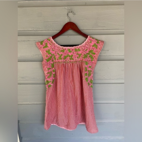 Mi Golondrina Pink & Green Gingham Floral Embrodiered Mexican Top Medium - Picture 4 of 4